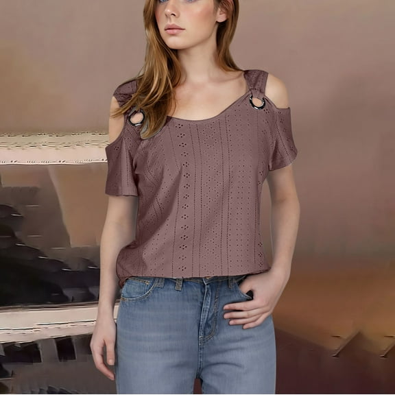 2025 Women's Fashion Casual Solid Color Shoulder Leakage Short Sleeve Pullover Short Sleeve Top