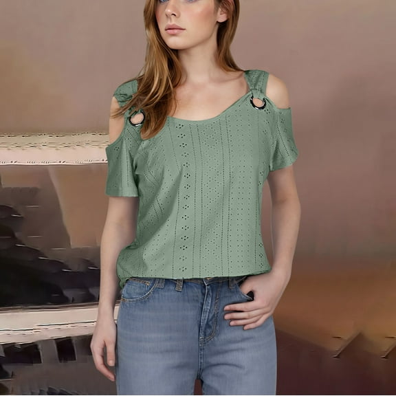2025 Women's Fashion Casual Solid Color Shoulder Leakage Short Sleeve Pullover Short Sleeve Top