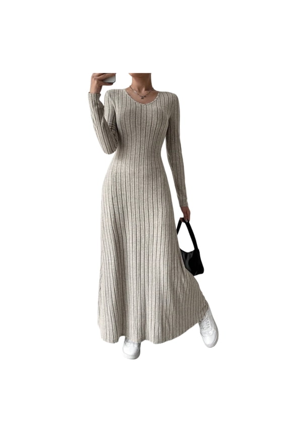 2025 Women's Fashion Trendy Fall Long Sleeve Dresses Ruched Flowy Elegant Modest Solid Color Casual Beach Maxi Dress With Pockets