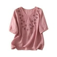 thumbnail image 1 of 2025 Women's Floral Embroidery Linen Shirts 3/4 Sleeve V Neck Babydoll Tops Summer Vintage Causal Blouses Tees, 1 of 6
