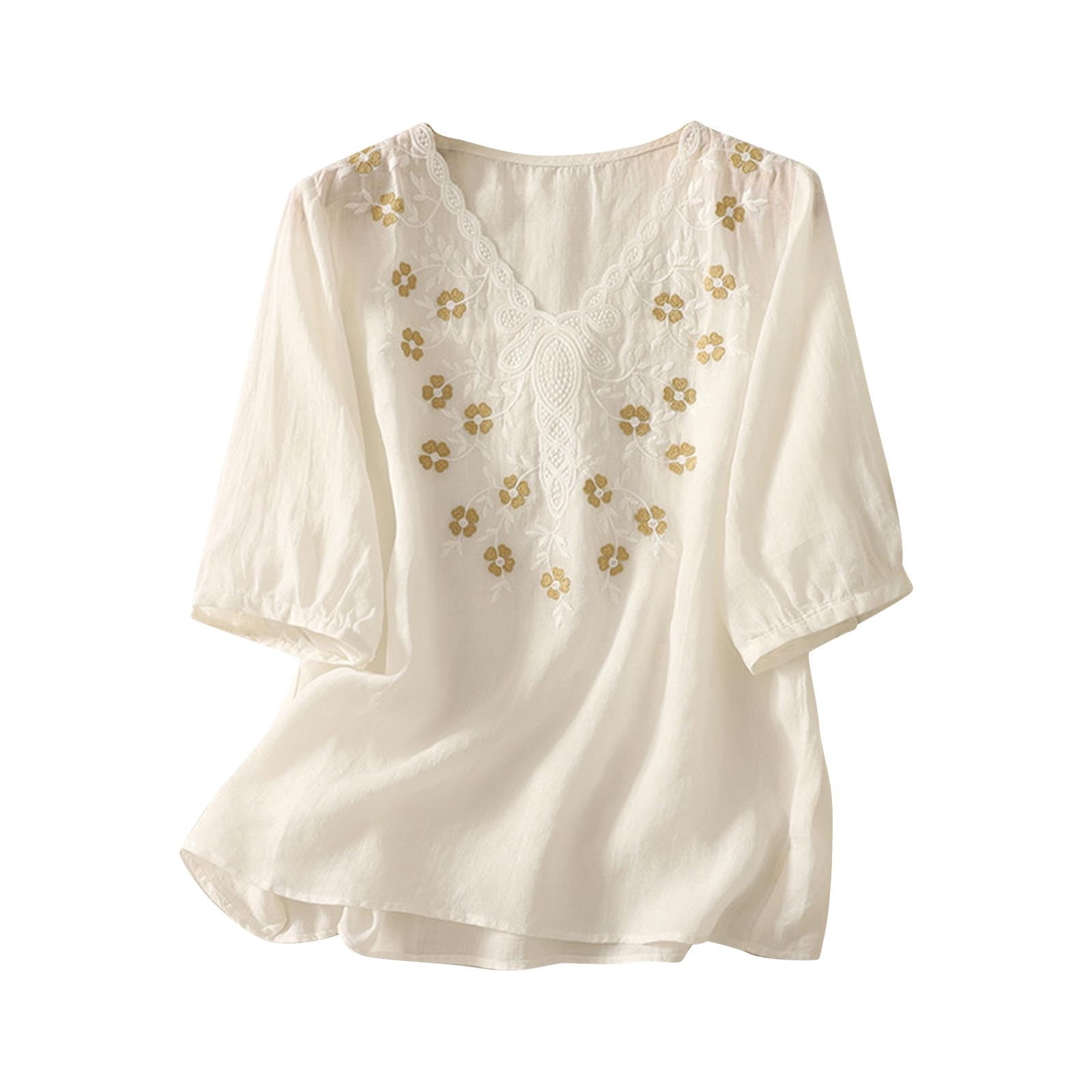 Women's Floral Embroidery Linen Shirt - 3/4 Sleeve Boho Blouse For Summer