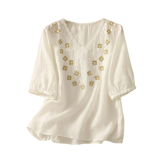 2025 Women's Floral Embroidery Linen Shirts 3/4 Sleeve V Neck Babydoll Tops Summer Vintage Causal Blouses Tees