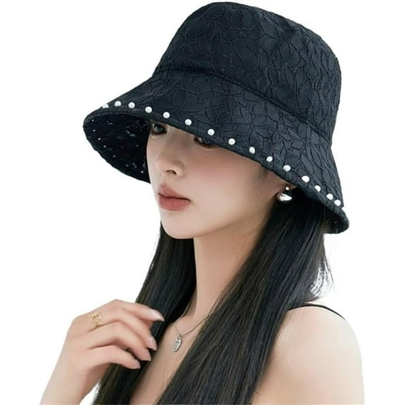 2025 Women's Floral Lace Bucket Hat Elegant Pearl Embellished Sun Hat French Fishing Hats Wide Brim Summer Beach Hat
