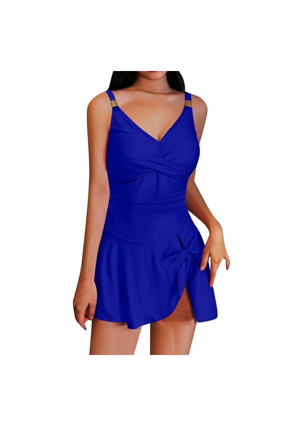 2025 Women's Gold Metal Tie Knot Swim Dress - Long Torso, Slimming Bathing Suit for Beach/Pool, M=US 6-8