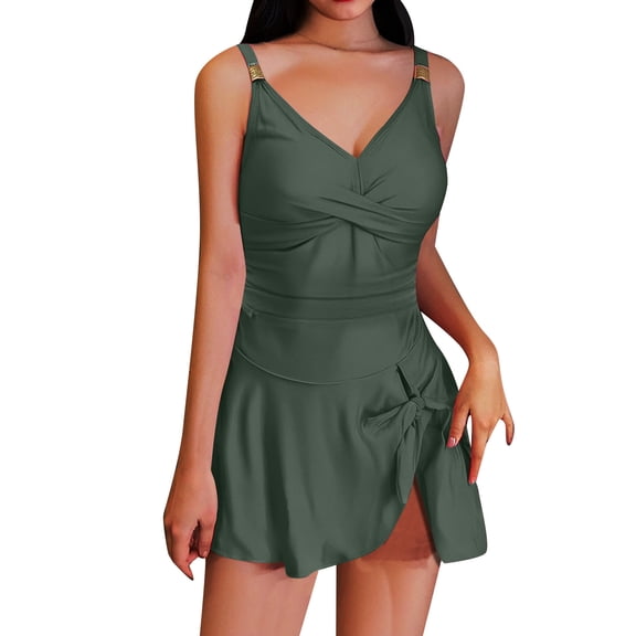 2025 Women's Gold Metal Tie Knot Swim Dress - Long Torso Bathing Suit with Built-in Skirt for Beach/Pool/Hawaii/Cruise Vacation