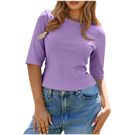 2025 Women's Half Sleeve Boat Neck Shirts Ruched Slim Fit Basic Casual T Shirts Summer Casual Lightweight Tee Tops