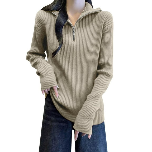 2025 Women's Half Zip Pullover Sweaters V Neck Collared Long Sleeve Ribbed Knit Fall Tops Dressy Casual Coats