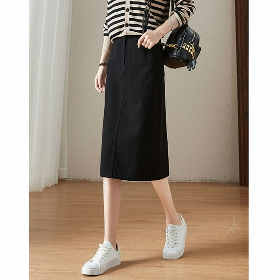 2025 Women's High-Waisted Denim Midi Skirt - Korean Style Slim-Fit Button Front Slit Skirt
