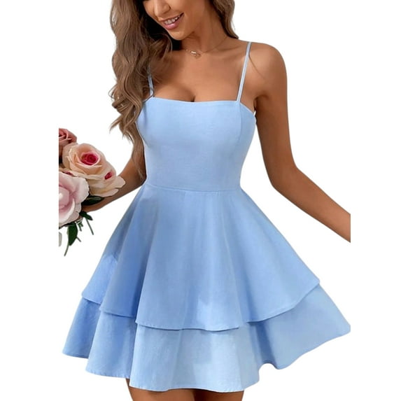 Women’s Light Blue Thin Strap Mini Dress – Layered Backless Bow Summer Party Dress, Sweet & Sexy Style, Plus Size Available
