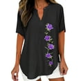 thumbnail image 1 of 2025 Women's Linen Floral Print Blouse - Notched V Neck Loose Tunic Plus Size Top, L, Black, 1 of 3