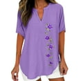 thumbnail image 1 of 2025 Women's Linen Floral Print Blouse - Notched V Neck Loose Tunic Plus Size Top, Xl, Blue, 1 of 4