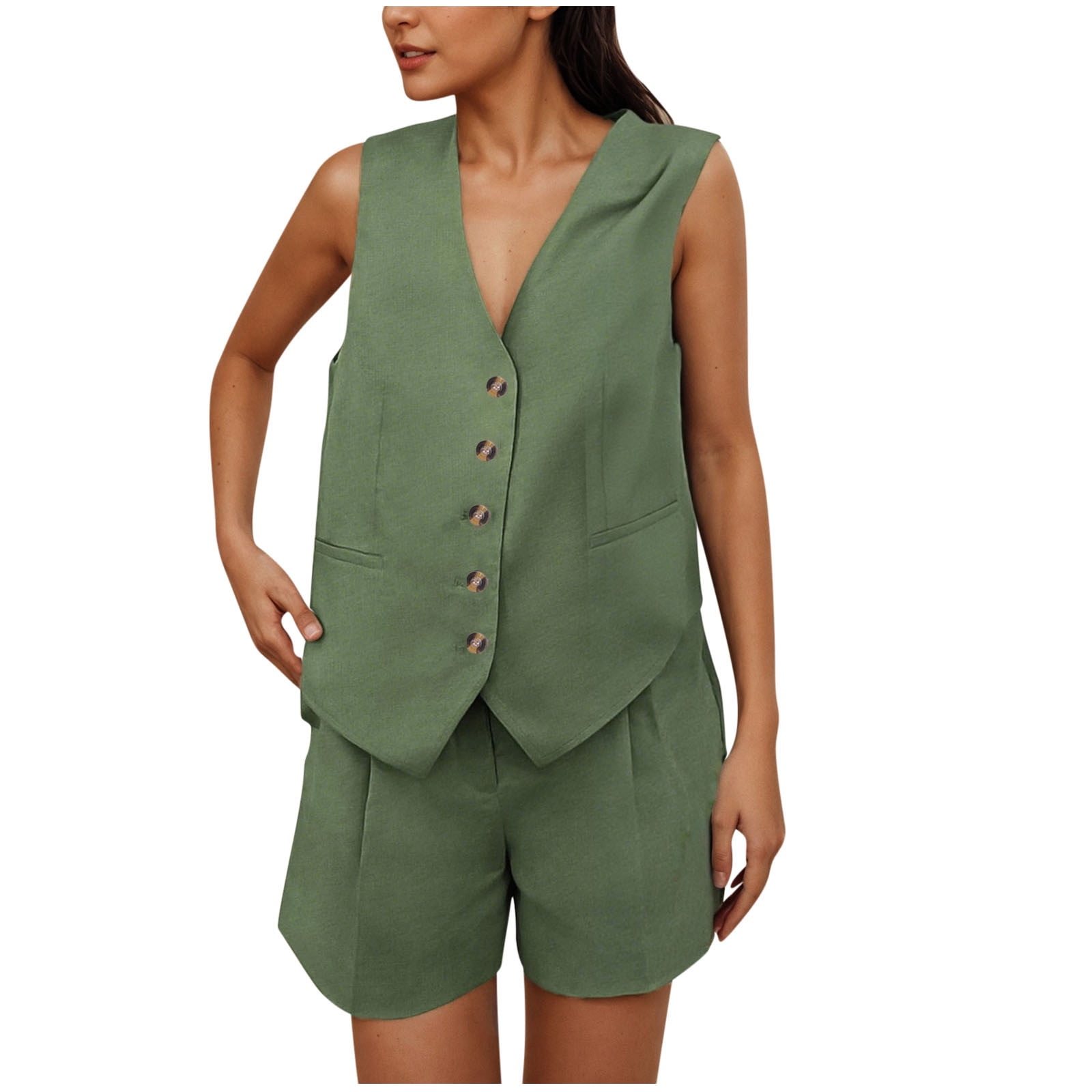 2025 Women's Linen Vest & Shorts Set Sleeveless VNeck Waistcoat — free download