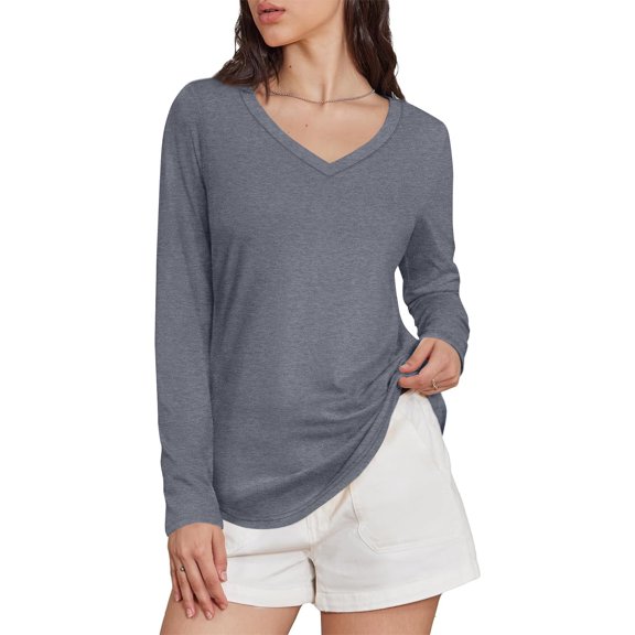 2025 Women's Long Sleeve Shirts Fall Casual V Neck Tunic Tops Loose Fit Basic Tees Dark Gray XXL