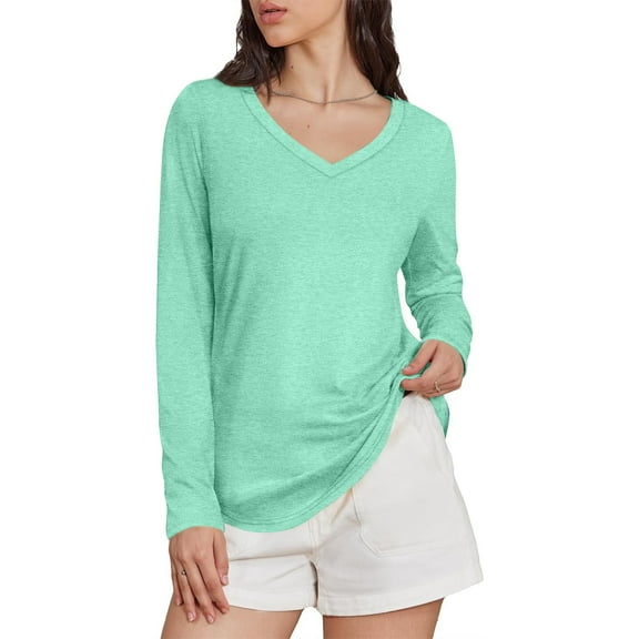 2025 Women's Long Sleeve Shirts Fall Casual V Neck Tunic Tops Loose Fit Basic Tees Green L