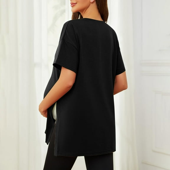 2025 Women's Maternity Shirts Split Side Tops, Short Sleeve Loose Fit Pregnancy Blouses - Breathable Cotton for Casual & Nursing Wear