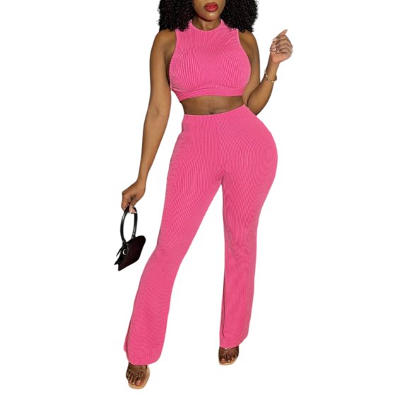 Women’s Neon Pink Ribbed Crop Top Flared Pants Set Sexy Tight Short Top with Wide Leg Pants Fashionable Summer Two-Piece Outfit