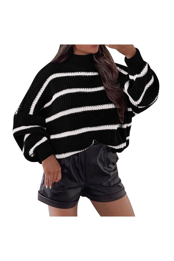 2025 Women's Oversized Turtleneck Striped Pullover Sweaters Cowl Neck Long Sleeve Winter Loose Chunky Knit Sweater