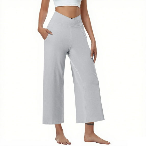 2025 Women's Pants Cross High Waist Wide Leg Lounge Cropped Pants Lightweight Casual Loose Yoga Trousers