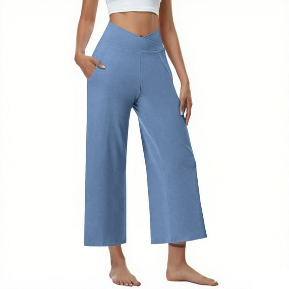 2025 Women's Pants Cross High Waist Wide Leg Lounge Cropped Pants Lightweight Casual Loose Yoga Trousers
