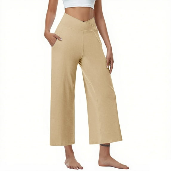 2025 Women's Pants Cross High Waist Wide Leg Lounge Cropped Pants Lightweight Casual Loose Yoga Trousers