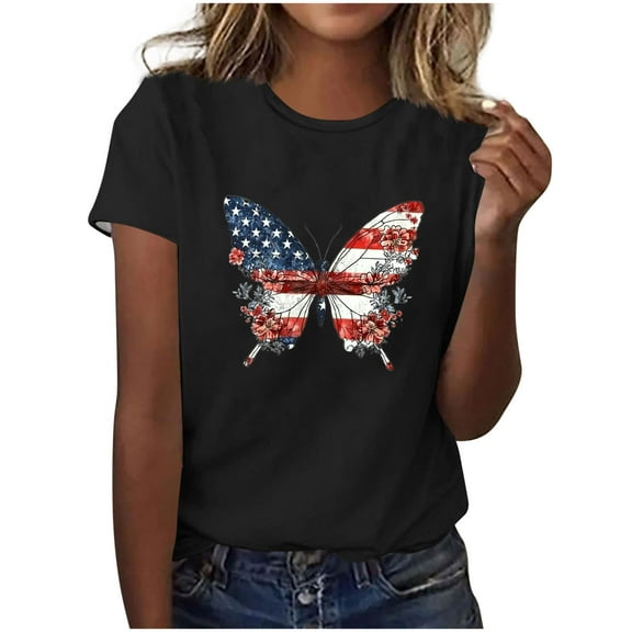 2025 Women's Patriotic Sunflower T-Shirt - American Flag & Stars Print | 4th of July Short Sleeve Independence Day Graphic Top