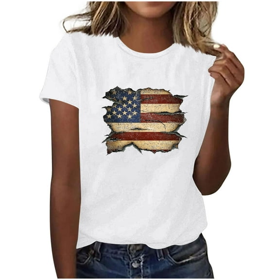 2025 Women's Patriotic Sunflower T-Shirt - American Flag & Stars Print | 4th of July Short Sleeve Independence Day Graphic Top