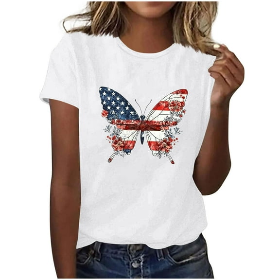 2025 Women's Patriotic Sunflower T-Shirt - American Flag & Stars Print | 4th of July Short Sleeve Independence Day Graphic Top