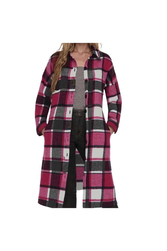 2025 Women's Plus Size Long Flannel Plaid Shacket Jacket Oversized Button Down Coats Shirts with Pockets