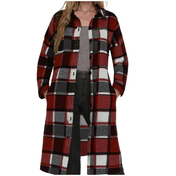 2025 Women's Plus Size Long Flannel Plaid Shacket Jacket Oversized Button Down Coats Shirts with Pockets
