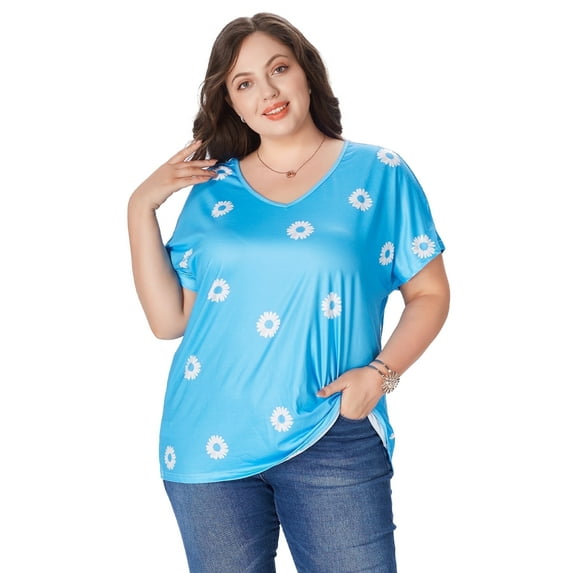 SOMER 2025 Women's Plus Size Top Flower Printed V Neck Short Sleeve Casual Plus Size Tops for Women