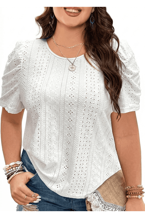 Plus Size Women Blouses Puff Sleeve Eyelet Knit Top Casual Summer Short Sleeve Crew Neck Loose Fit White