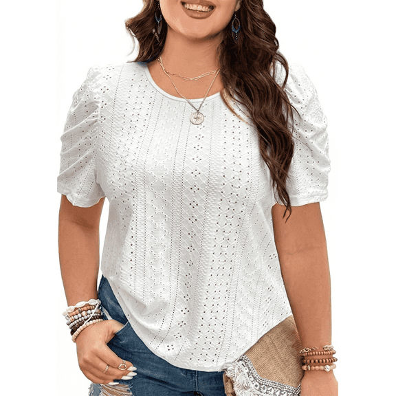 SOMER Plus Size Women Blouses Puff Sleeve Eyelet Knit Top Casual Summer Short Sleeve Crew Neck Loose Fit White
