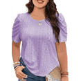 thumbnail image 1 of SOMER Plus Size Women Blouses Puff Sleeve Eyelet Knit Top Casual Summer Short Sleeve Crew Neck Loose Fit Purple, 1 of 6