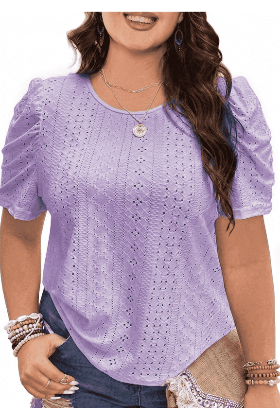 Plus Size Women Blouses Puff Sleeve Eyelet Knit Top Casual Summer Short Sleeve Crew Neck Loose Fit Purple