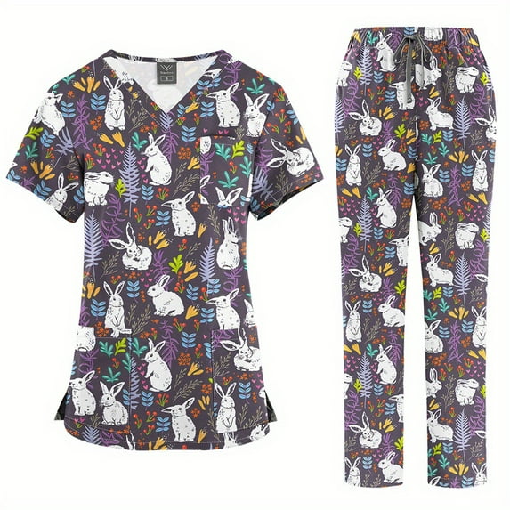 2025 Women's Printed V Neck Medical Scrub Top Surgical Breathable Pharmacy Scrubs Uniforms Hospital Nurse Scrubs Sets