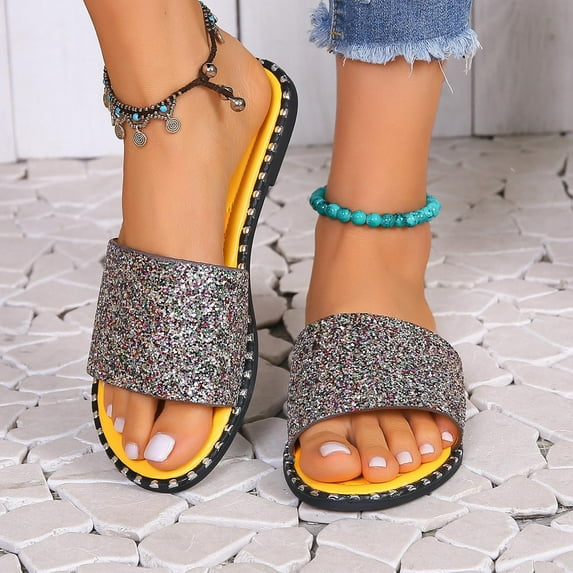 2025 Women's Sandals Under $15, Xunlbb Women's Summer New Plus Size Frosted Sequin Line Over Beach Flats Light Sandals
