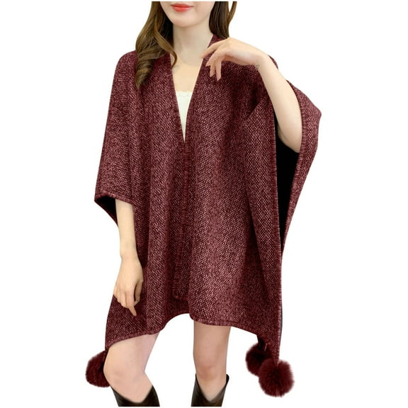 2025 Women's Shawl Faux Fur Pom Wrap Fringe Poncho Coat Cardigan Batwing Long Sleeve Oversized Sweater Cloak