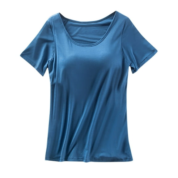 2025 Women's Short Sleeve Solid Color T Shirts Crewneck Loose Casual Tee Tops Basic Shirt with Built-in Bra