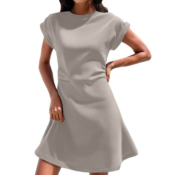 2025 Women's Slim Solid Pleated Dress - V Neck, Short Sleeve, Mini Length with Ribbed Seamless Design