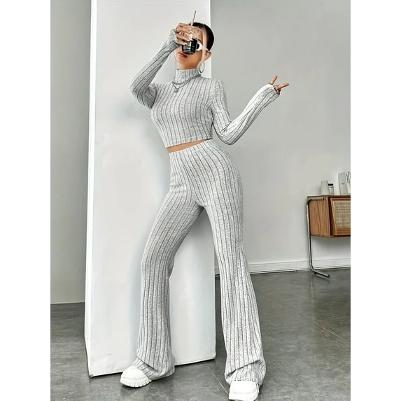 2025 Women's Solid Color Ribbed Knit Top and Pants Set Casual Comfortable Two-Piece Outfit for Everyday Wear Korean Minimalist Style