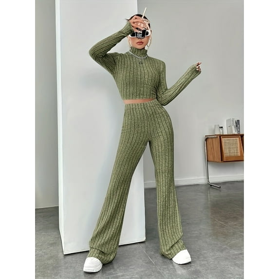 2025 Women's Solid Color Ribbed Knit Top and Pants Set Casual Comfortable Two-Piece Outfit for Everyday Wear Korean Minimalist Style