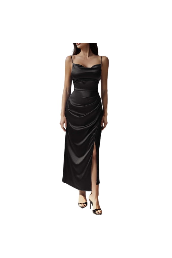 2025 Women's Spring Summer Solid Color Dress - Sexy Strap Design, Casual to Evening Wear - S-XL Sizes