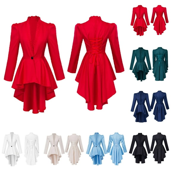 2025 Women's Steampunk Victorian Jacket Coat Medieval Vintage Gothic Tailcoat Long Sleeve Tuxedo Shirt Dresses