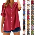 thumbnail image 1 of 2025 Women's Summer Cotton-Linen Short Sleeve Button V-Neck Tunic Blouse | Casual Trendy Tops, 1 of 8
