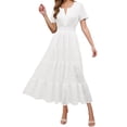 thumbnail image 1 of 2025 Women's Summer Short Sleeve Maxi Dress, Casual V Neck, Hollow Out Eyelet, Ruffled Swing A Line, 1 of 4