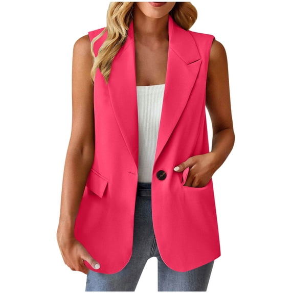 2025 Women's Summer Sleeveless Vest Tops Sleeveless Casual Open Front Single Button Blazer Waistcoat with Pockets
