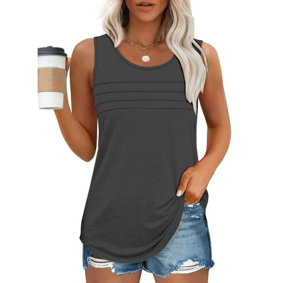 2025 Women's Summer Tank Tops Dressy Casual Sleeveless Holiday Shirts Loose Fit Pleated Front Plus Size Tunic Blouses