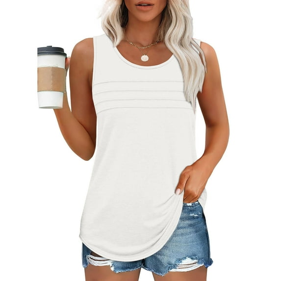 2025 Women's Summer Tank Tops Dressy Casual Sleeveless Holiday Shirts Loose Fit Pleated Front Plus Size Tunic Blouses