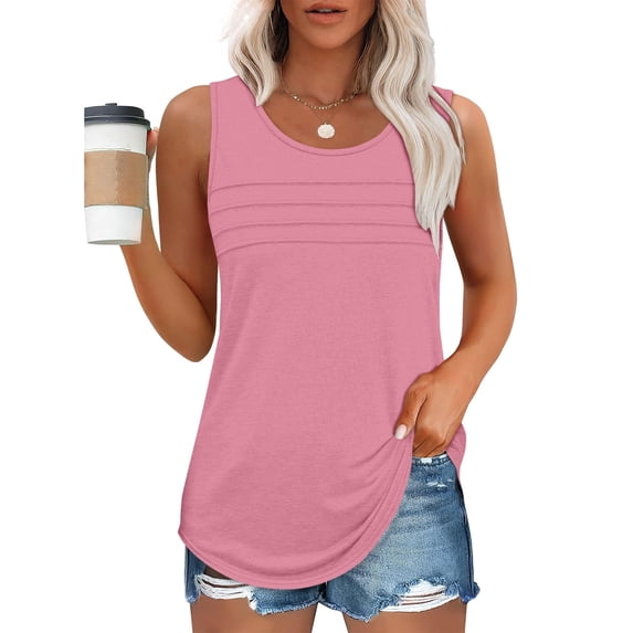 2025 Women's Summer Tank Tops Dressy Casual Sleeveless Holiday Shirts Loose Fit Pleated Front Plus Size Tunic Blouses