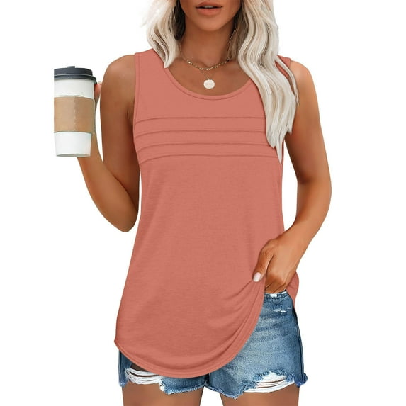 2025 Women's Summer Tank Tops Dressy Casual Sleeveless Holiday Shirts Loose Fit Pleated Front Plus Size Tunic Blouses